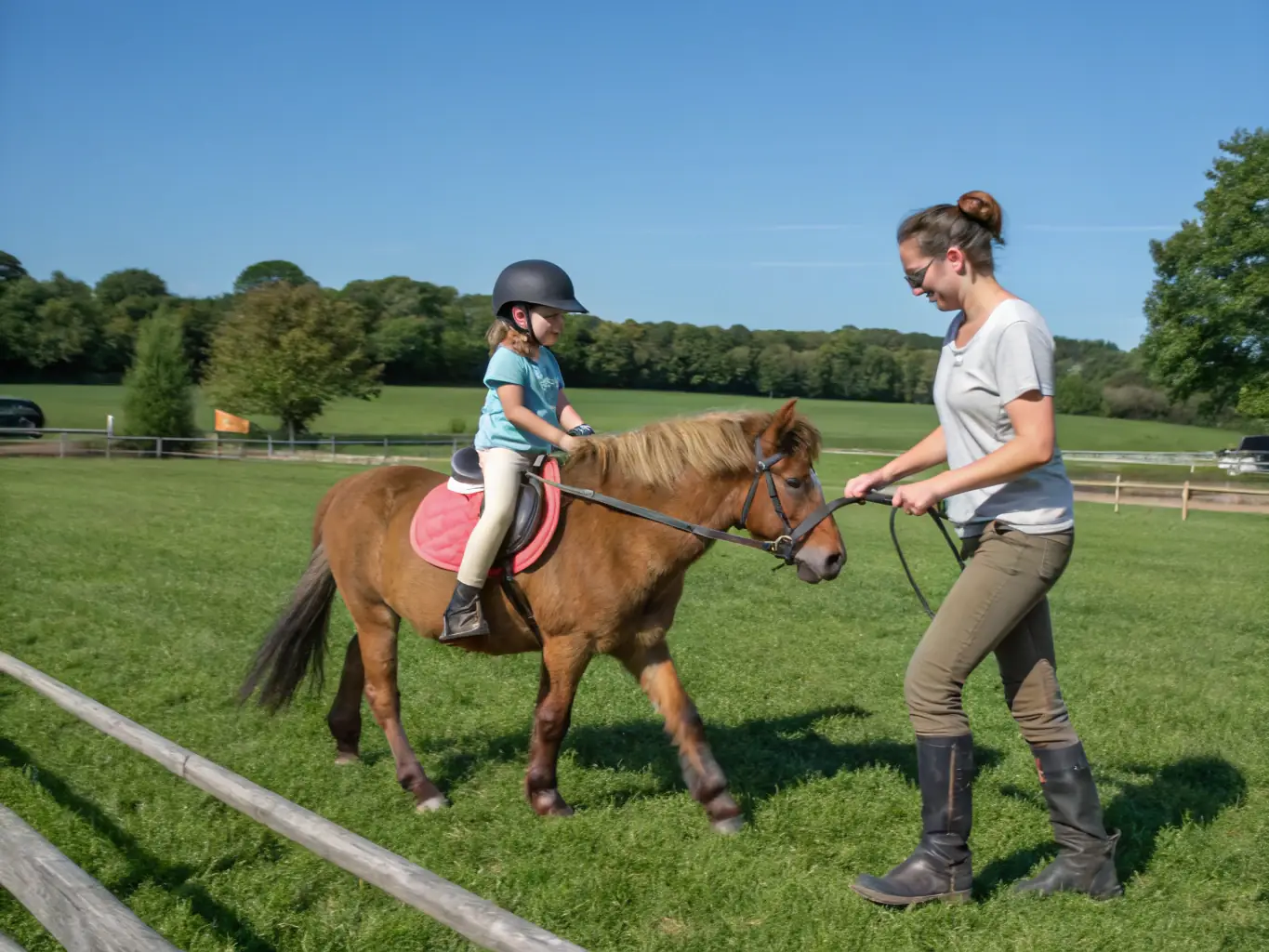 A young rider is practicing jumps with their horse in a sunny outdoor arena, showcasing the training programs offered by EQUI 22 YFFINIAC.