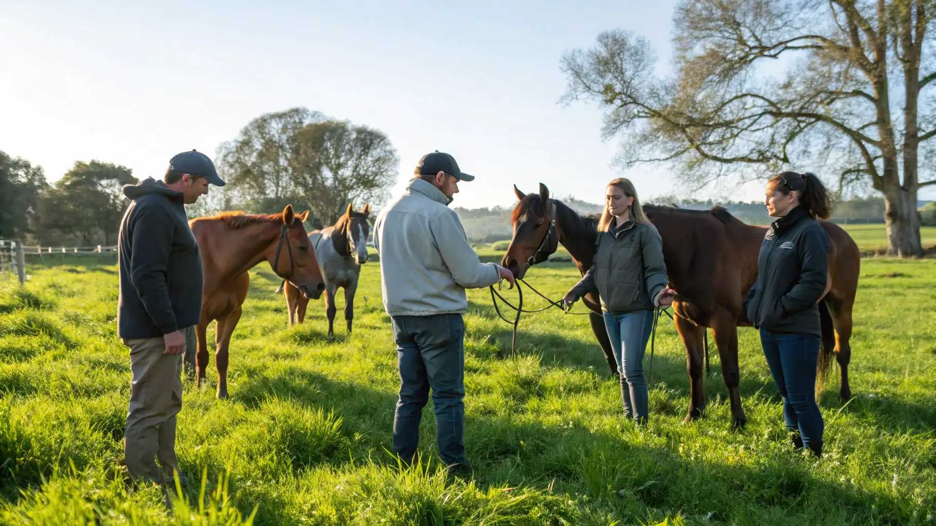A group of people smiling and interacting with horses in a friendly environment, showcasing community engagement and support.