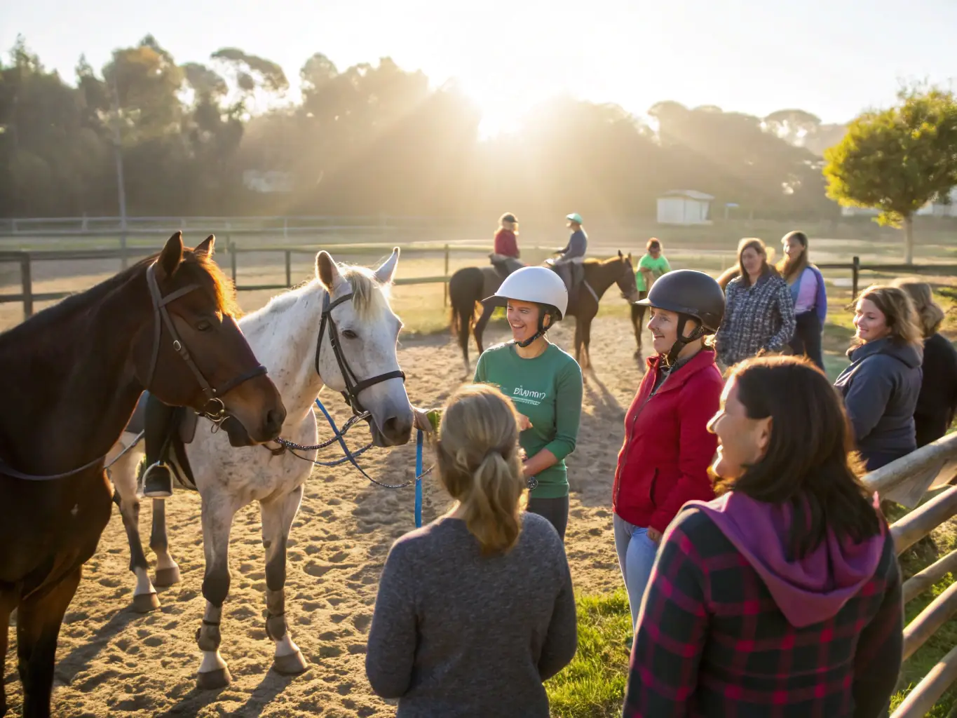 A diverse group of people, including individuals with disabilities, are enjoying a therapeutic riding session, emphasizing the organization's commitment to accessibility and well-being.
