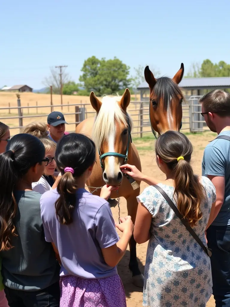 A diverse group of individuals participating in an accessible riding lesson, highlighting EQUI 22 YFFINIAC's commitment to inclusivity.