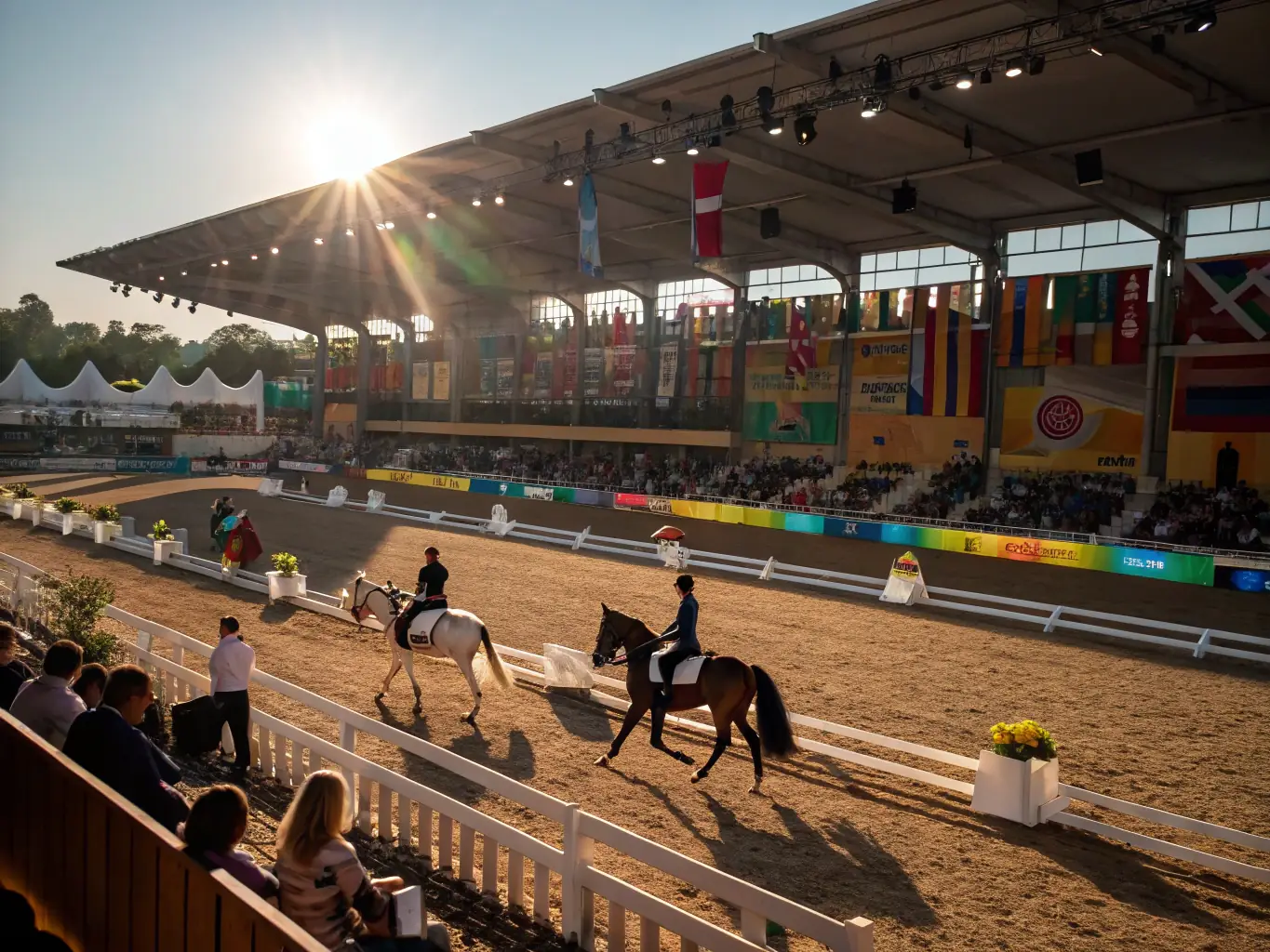 A vibrant scene from a local equestrian competition hosted by EQUI 22 YFFINIAC, showcasing riders competing in various disciplines and skill levels.