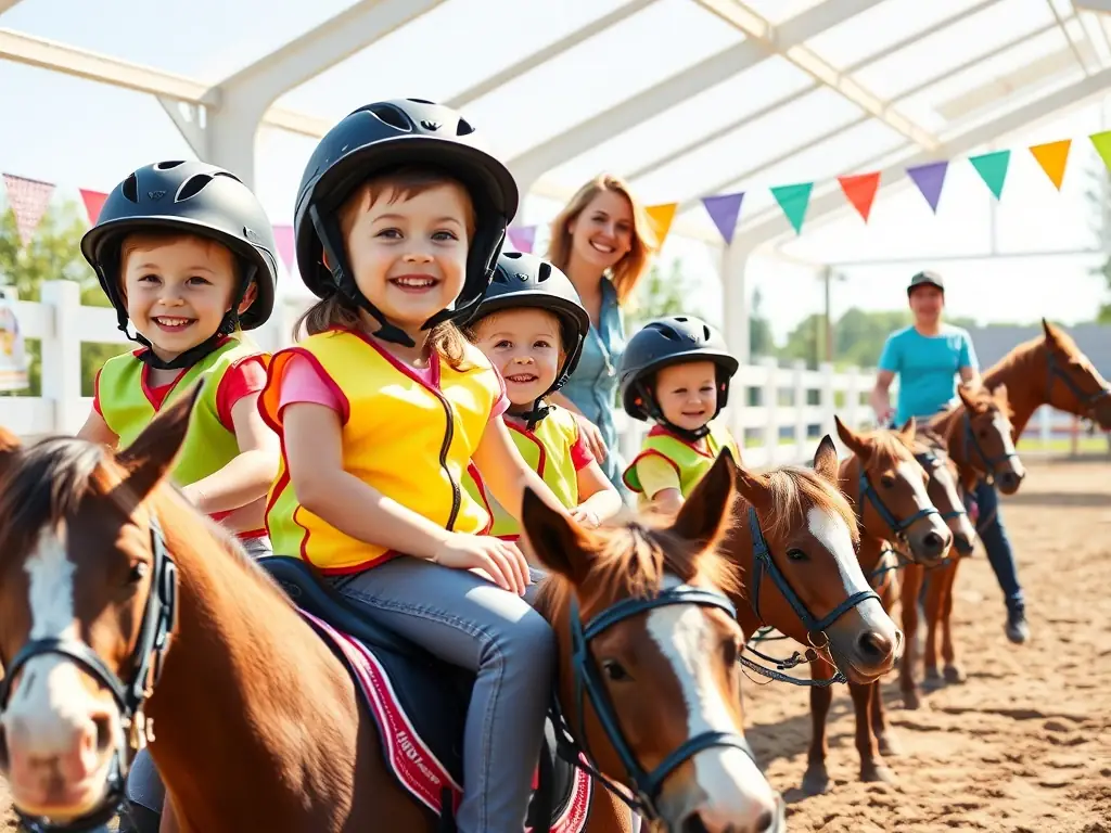 A group of young riders participating in a training session at the EQUI 22 YFFINIAC equestrian center, focusing on horsemanship and skill development.